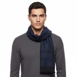 Roberto Cavalli Navy Blue & Black Signature Mens Wool Scarf